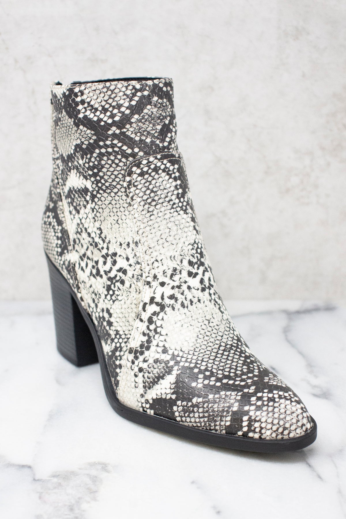 The Tricia Grey Snakeskin Print Booties 