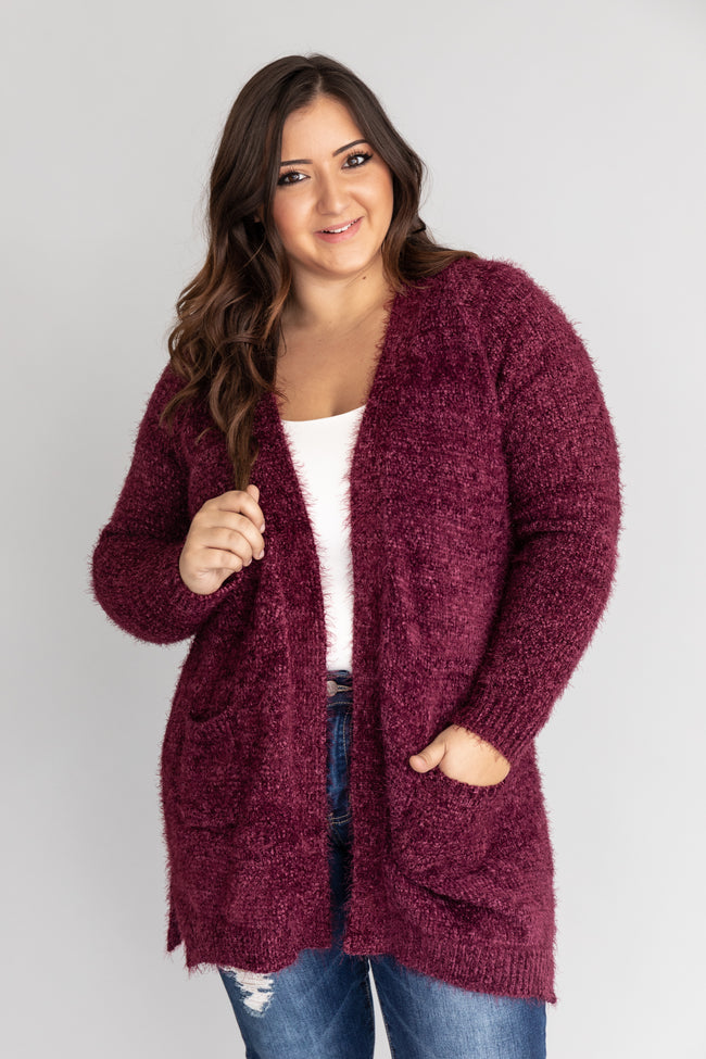 Rare Sightings Fuzzy Cardigan Wine – Pink Lily