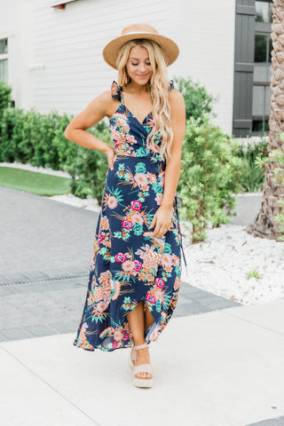 navy and blush floral dress