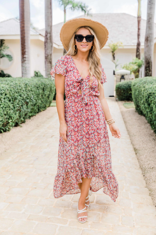 floral red maxi dress