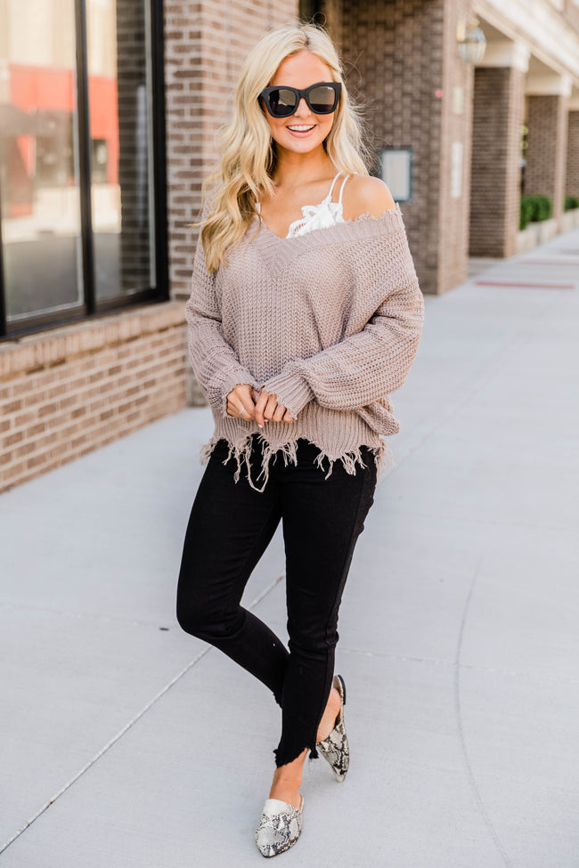 Commitment To Cool Taupe Distressed Sweater – Pink Lily