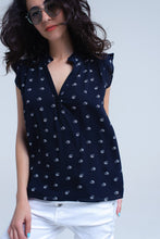 Load image into Gallery viewer, Navy Print Blouse With v Neck and Ruffle Detail