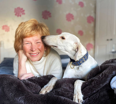 Kathy Hopton with a lurcher dog care guest