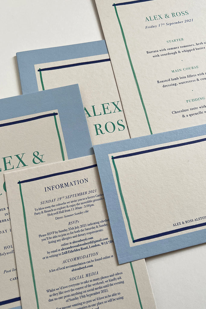 Collection of Alex and Ross' wedding stationery