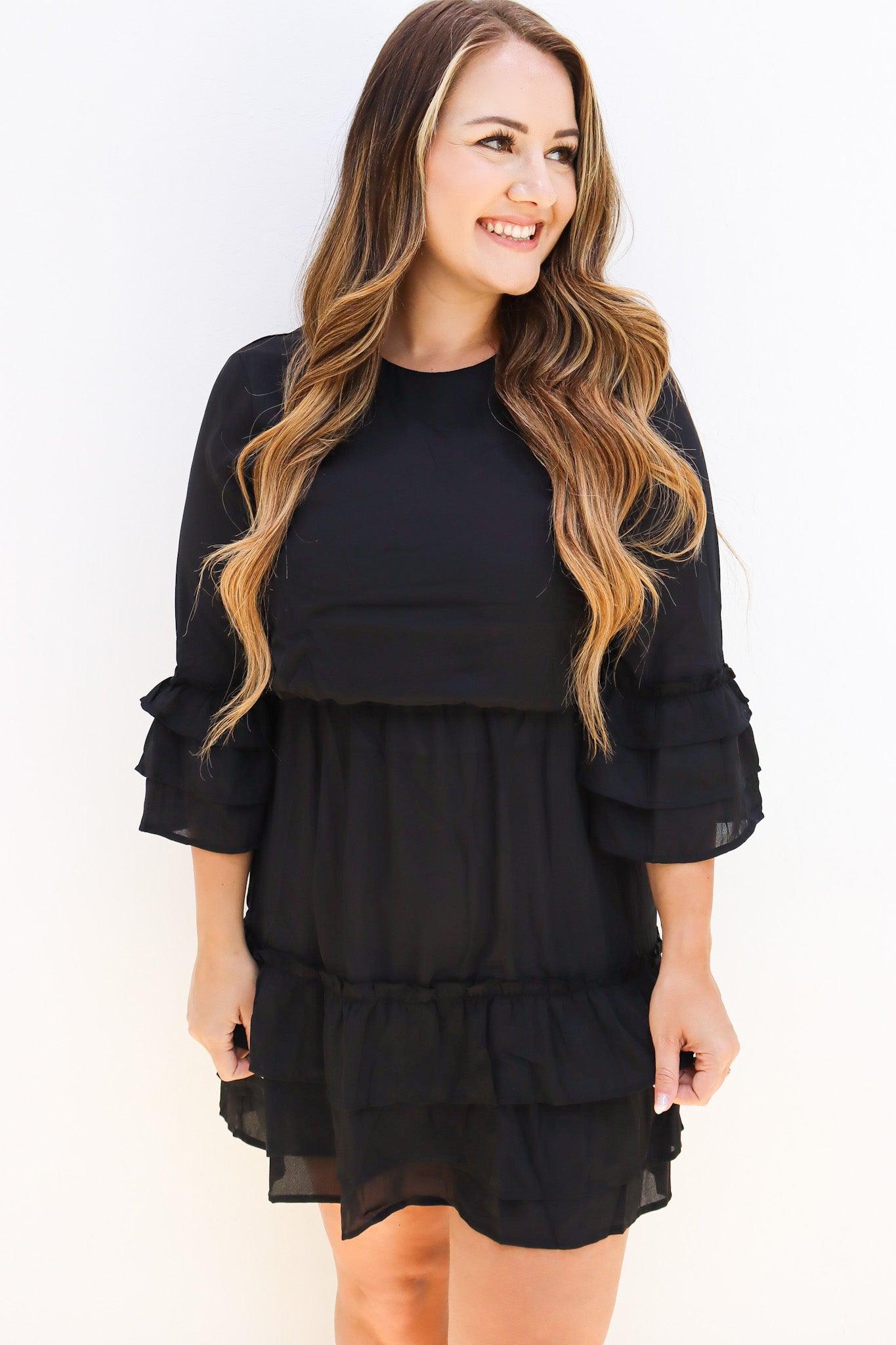 Layered Ruffle Sleeve Black Dress - Alexander Jane Boutique  