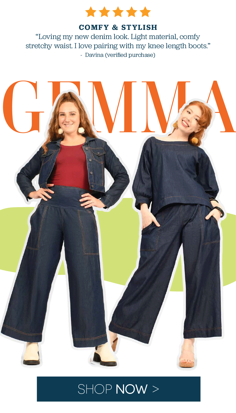 Comfy & Stylish “Loving my new denim look. Light material, comfy stretchy waist. I love pairing with my knee length boots.” gemma