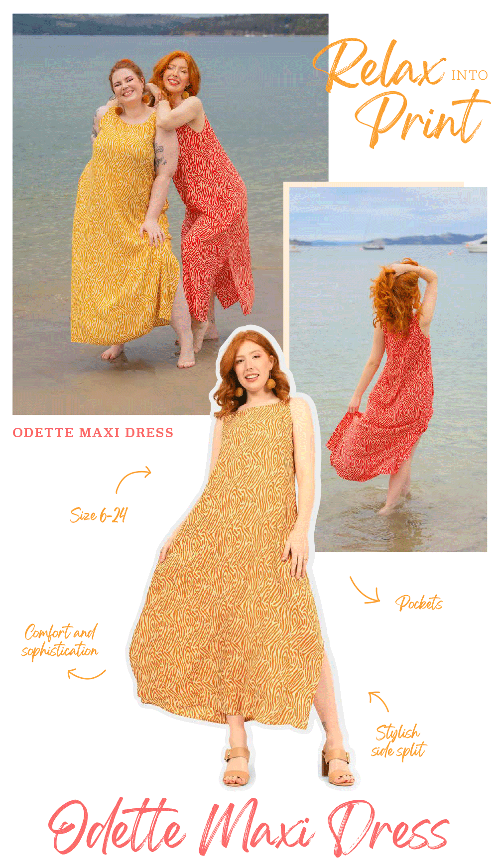 Relax into Print, odette maxi dress, Size 6-24, Pockets, Comfort and sophistication, Stylish side split, Odette Maxi Dress