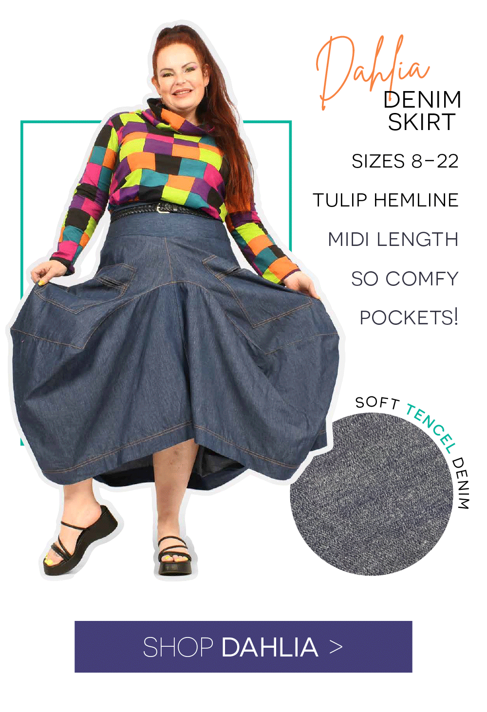 Dahlia denim skirt, sizes 8-22, tulip hemline, midi length, so comfy, with pockets!