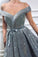 Elegant Sequins Off the Shoulder Sleeveless Prom Dresses, Silver Slit Evening Dresses STC15199