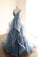 Spaghetti Straps Blue Gray Tulle V Neck Long Ruffles Prom Dresses with Lace Applique STC15411