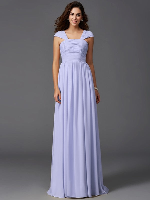 A-Line/Princess Straps Ruffles Sleeveless Long Chiffon Bridesmaid Dresses TPP0005470