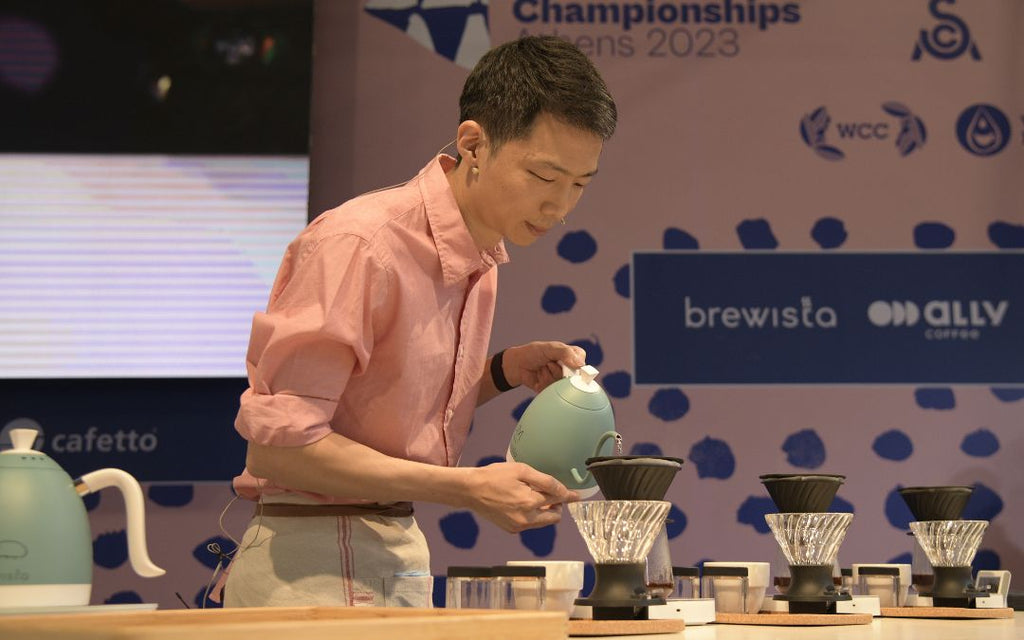 Garam Um competes in the 2023 World Brewers Cup finals with a custom Brewista Artisan Kettle.