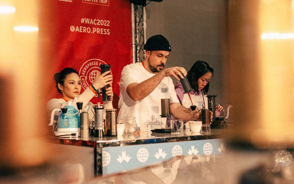 World Aeropress Championship finalists competing on stage in the final round.