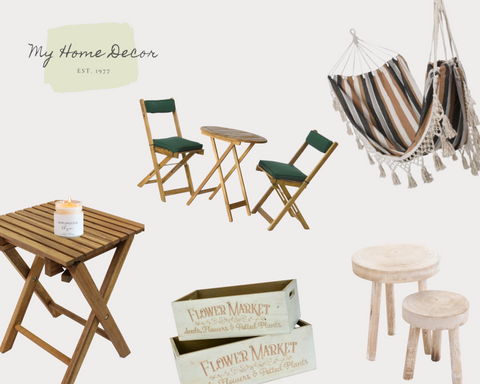 A relaxing backyard can't go without a hammock chair, acapulco outdoor chair and wood table.