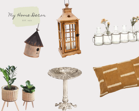 outdoor decorations such as lanterns, cushion, bird bath and more.