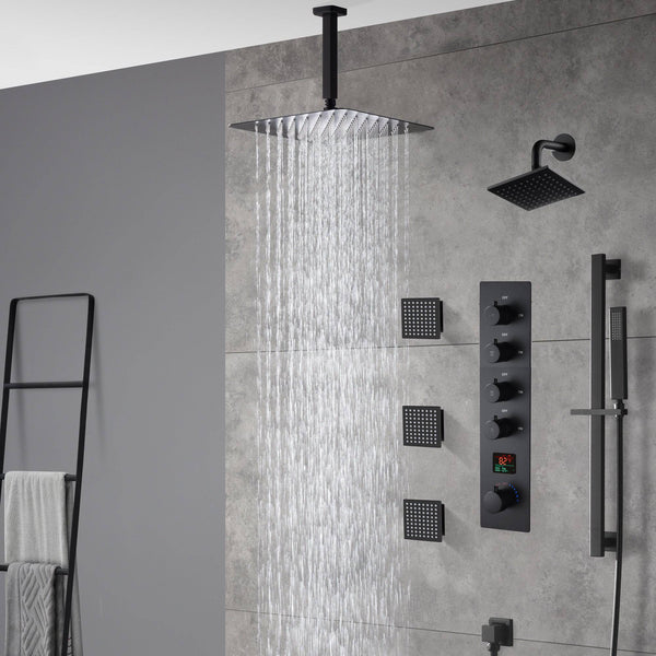16 inch Luxury Black Thermostatic Ceiling Mount Shower System - LUNA