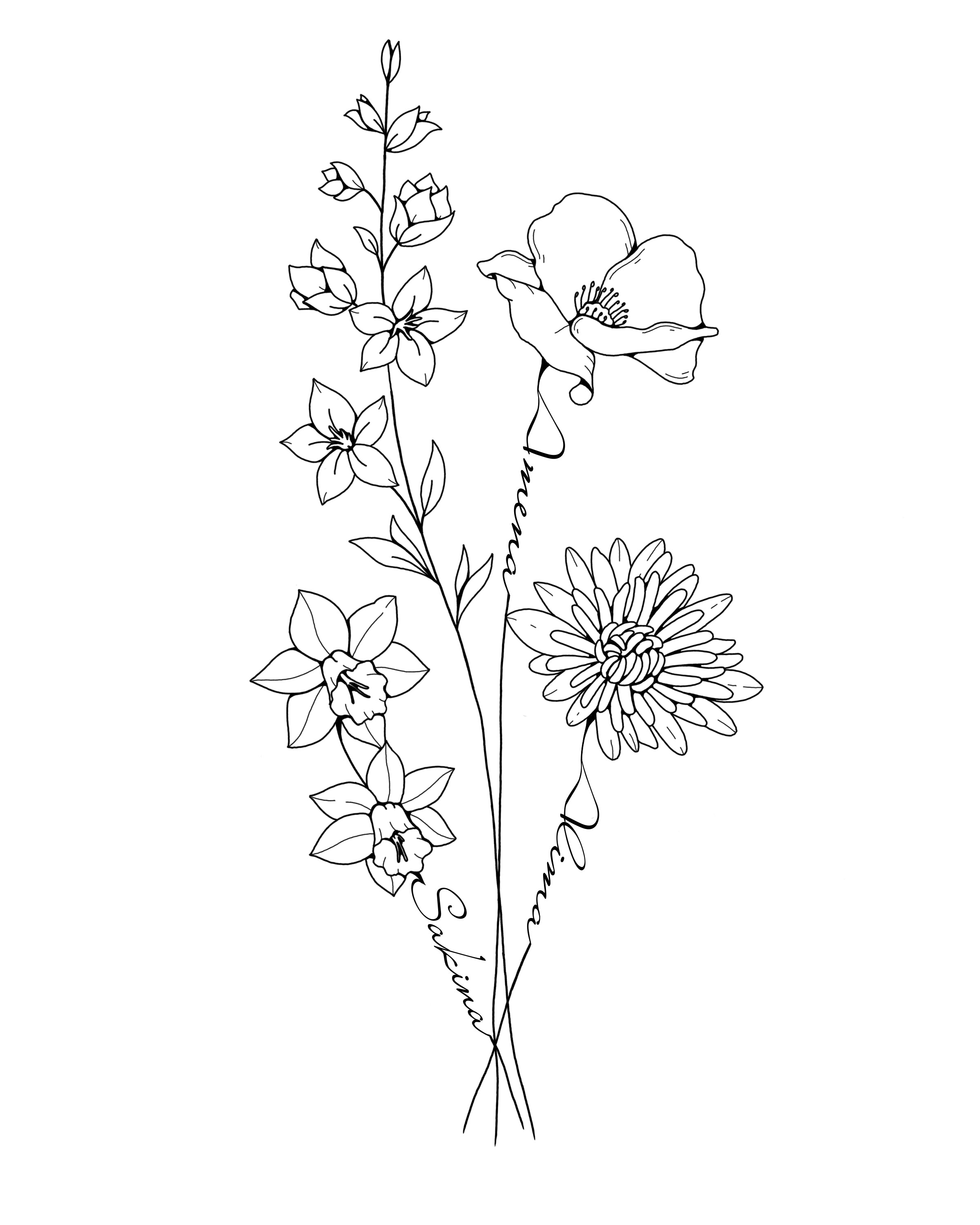 floral line art birth month floral custom tattoo design  Emily Anne Art  Studio