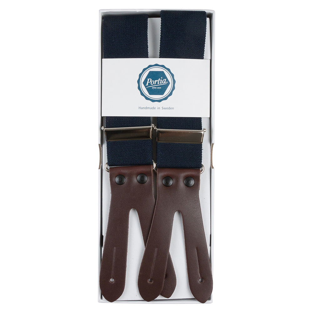 Navy Suspenders With Leather