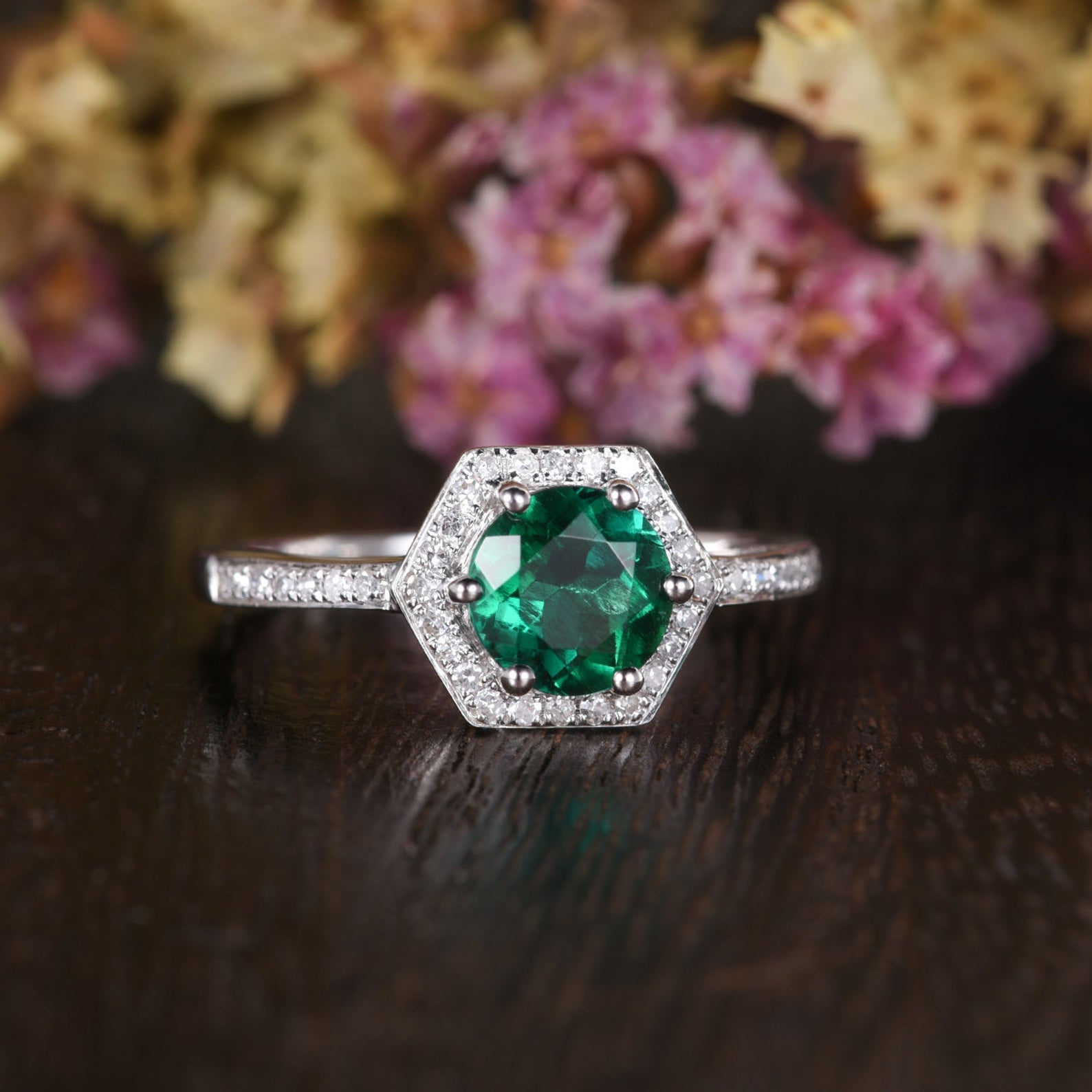 1.00ct Round Cut Lab Grown Emerald Engagement Ring, Vintage Design, Ch ...