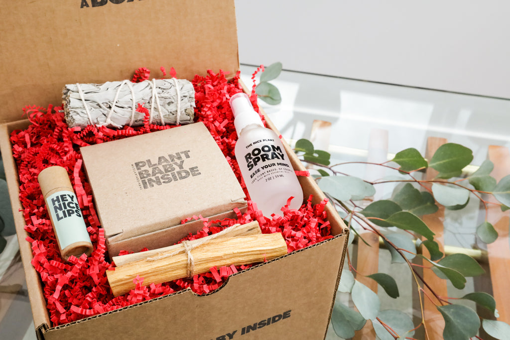 A closed inner box is padded with red Valentine's Day edition packaging in a The Nice Plant's Blooming Energy Box. The box also holds Palo Santo, Sage, Room Spray, and Lip Balm in sustainable, ecco-friendly packaging atop a modern-looking LA-style coffee table.