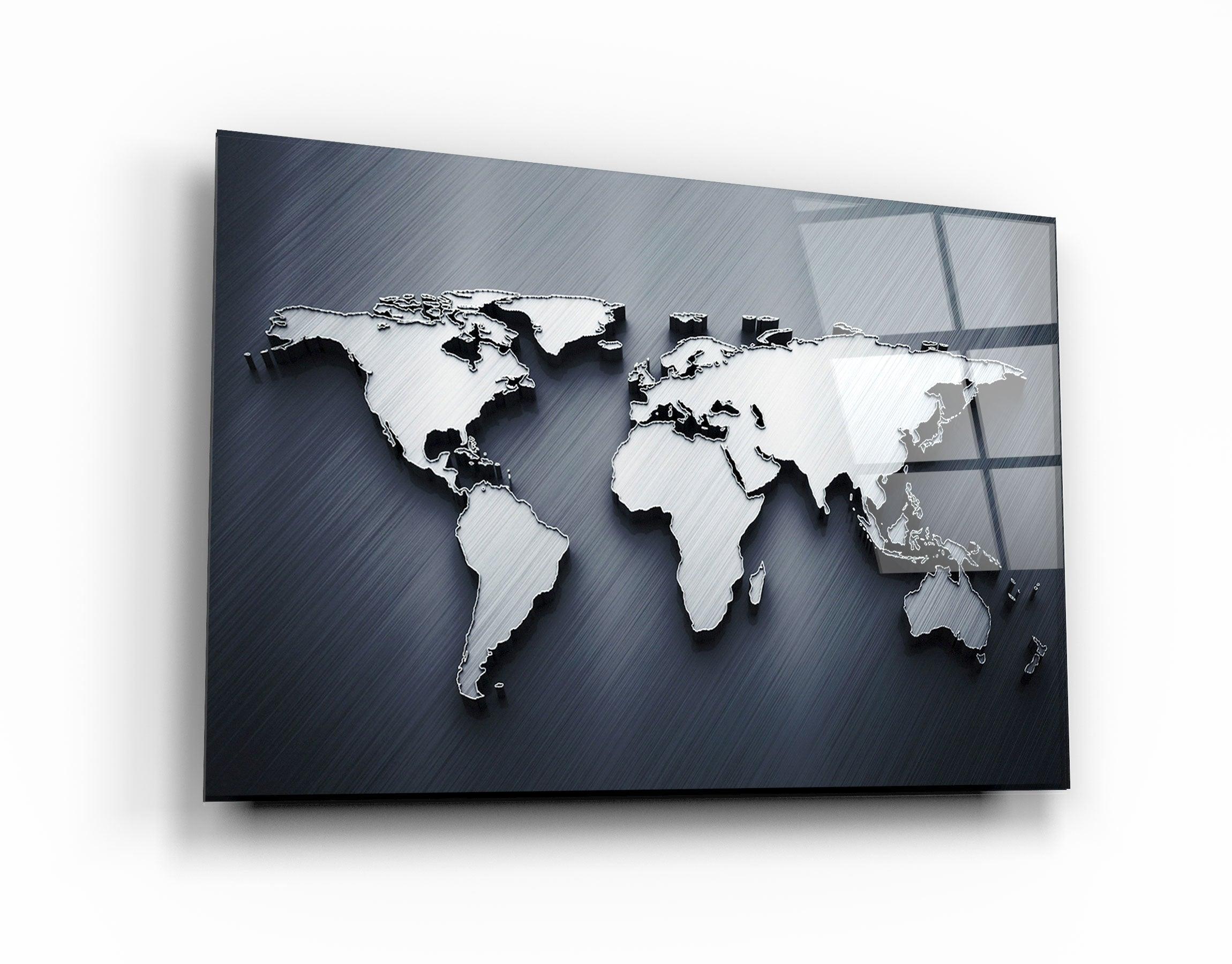 ・"Metallic Blue World Map"・Glass Wall Art - ArtDesigna Glass Printing Wall Art