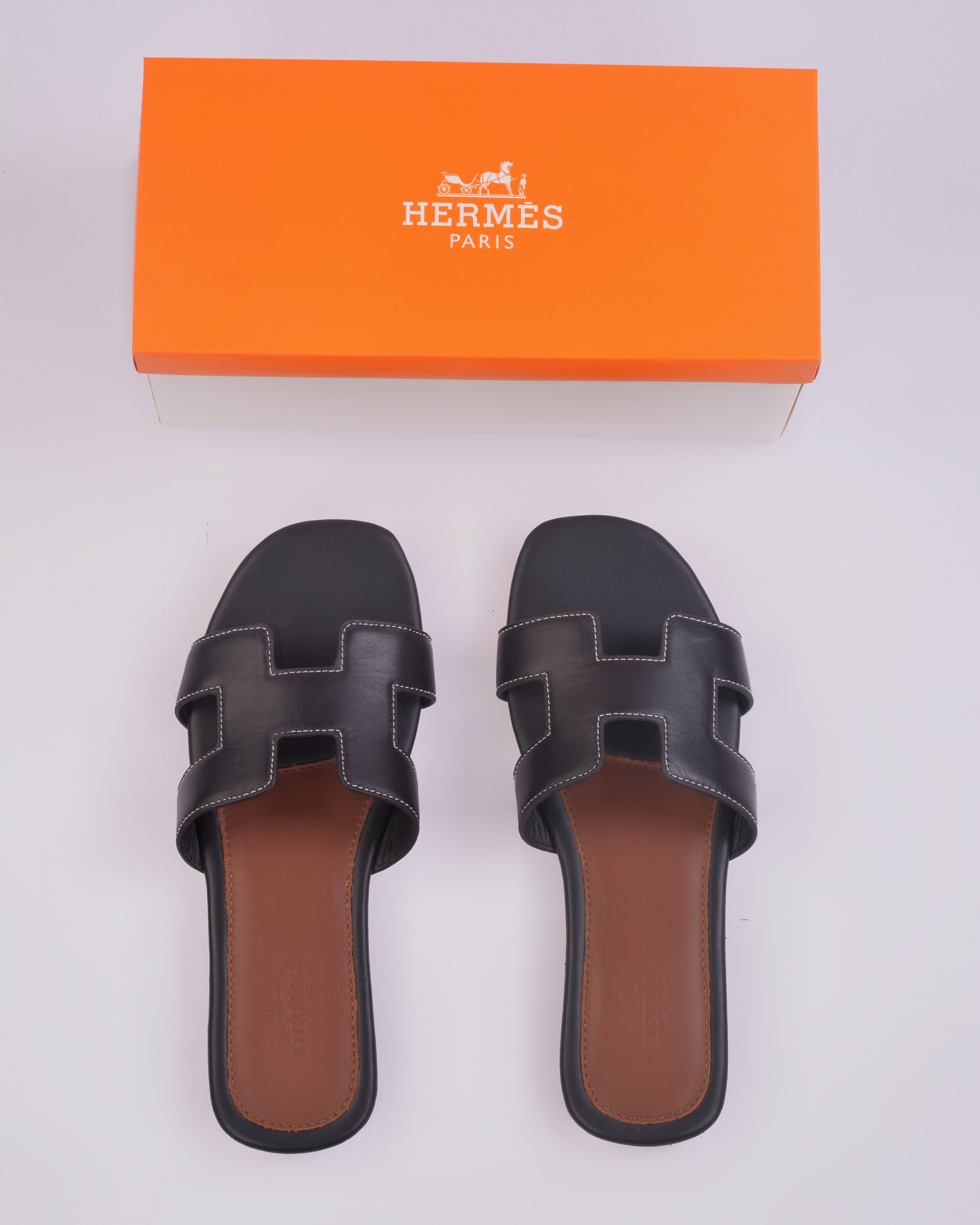 HERMES WOMEN ORAN SANDAL NEW BLACK WITH  BROWN LOWER