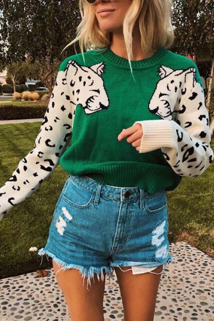Lopolly Snow Leopard Design Knit Sweater