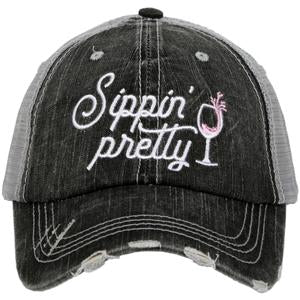 Sippin' Pretty Trucker Hat- Black