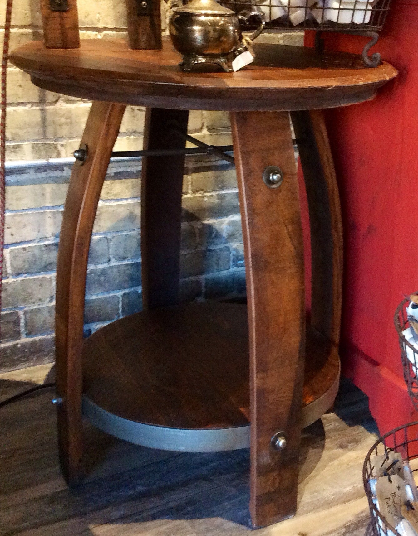 Barrel Side Table With Shelf 28 X 23 X 23 Red Barn Company Store