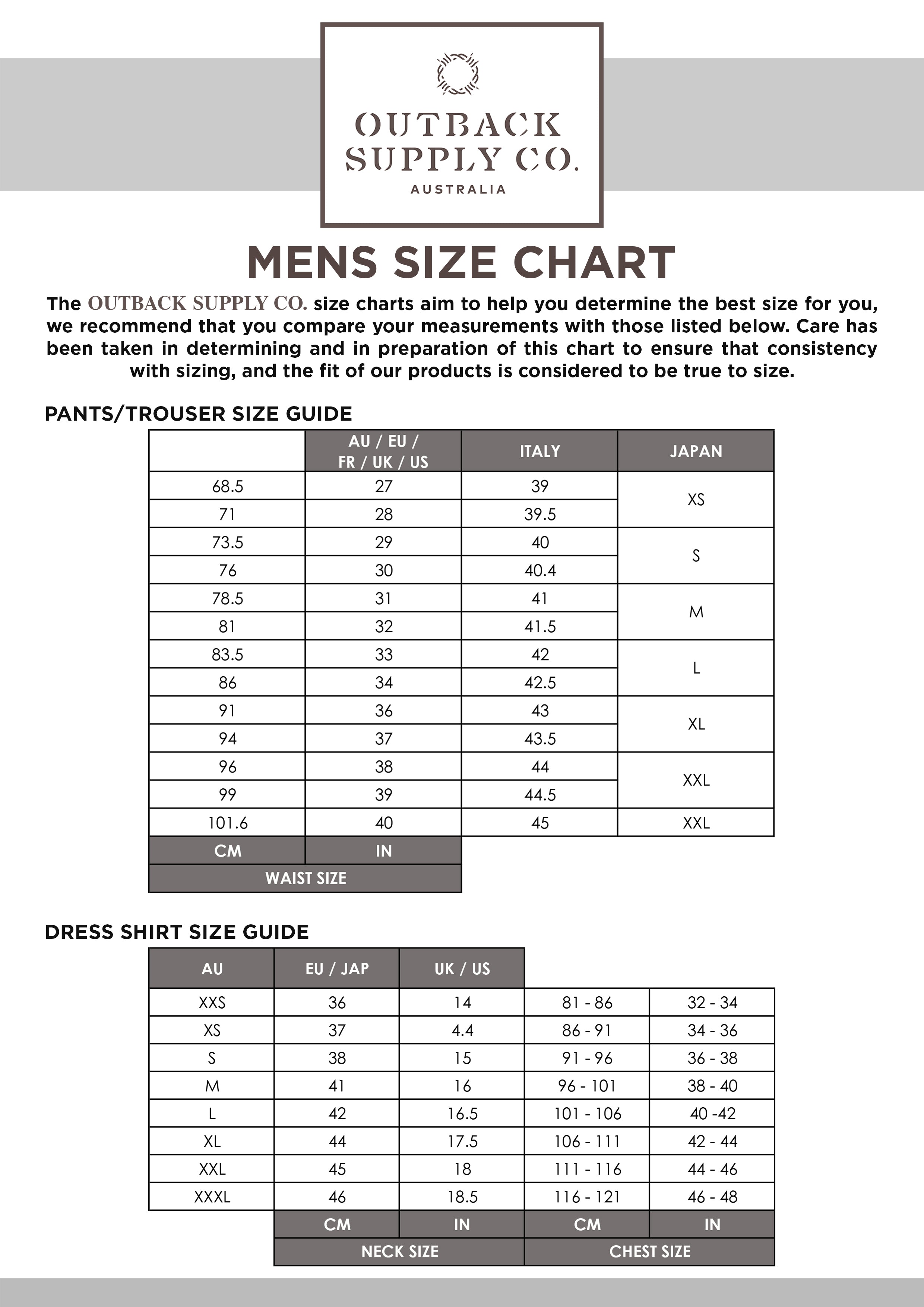 Size Charts - Outback Supply Co