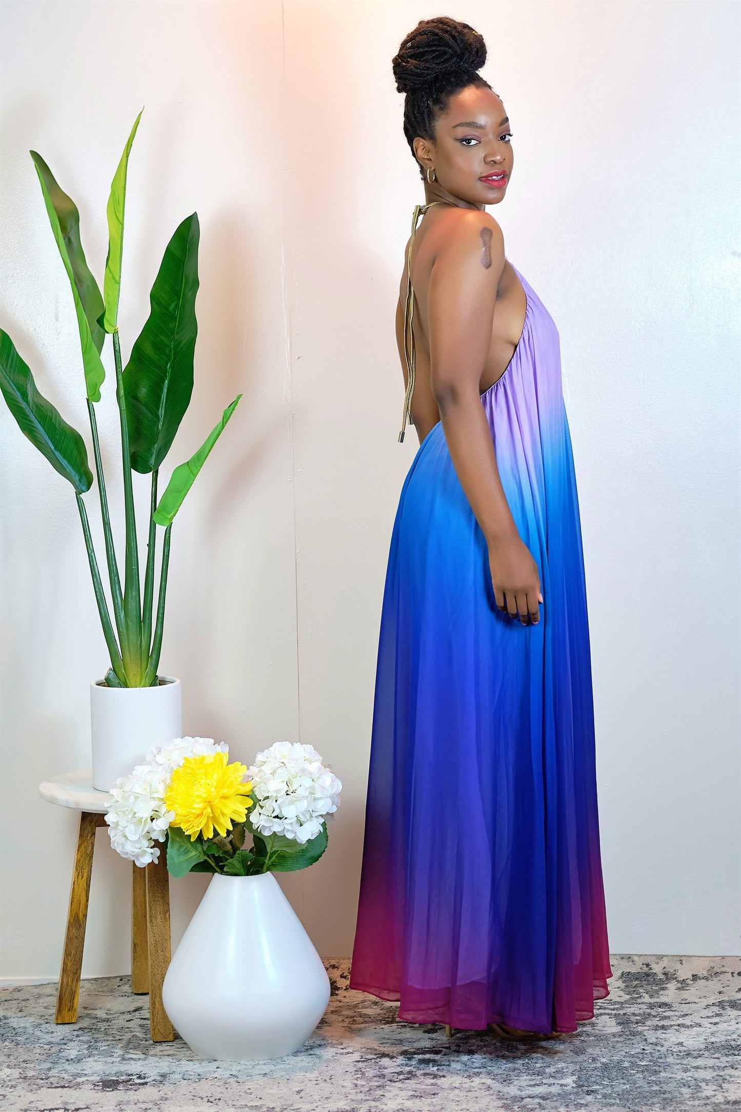 Mykonos Pleated Ombre Halter Maxi Dress - Blue Purple - ShopperBoard