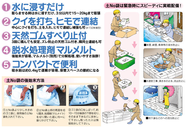 値下げ】 50枚入 水で膨らむ 緊急用 土嚢 土のう 土NO袋 ＃722 箱型 積み重ねやすい 素早く 簡単 丸和ケミカル 三富代不 園芸用土 