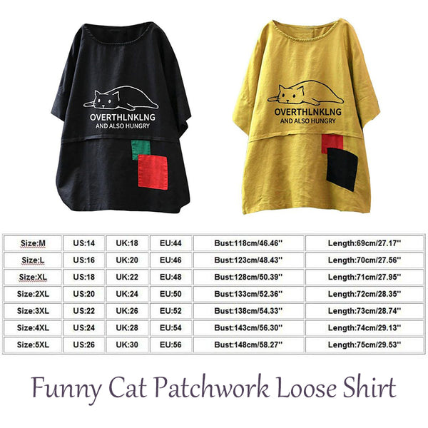 "Overthinking And Also Hungry" Cartoon Cat Printing Linen Patchwork Short Sleeve Casual Cute T-Shirt | Attapet