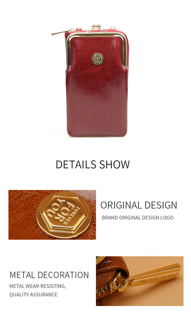 Oil Waxed Kiss-Lock Cross Body Phone Bag wine red details show