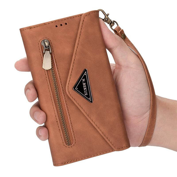 Crossbody iPhone Case Wallet Card Holder brown wrist strap