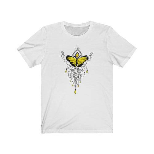 White unisex cotton crew neck t-shirt featuring bright yellow and black butterfly and embellished jewel design