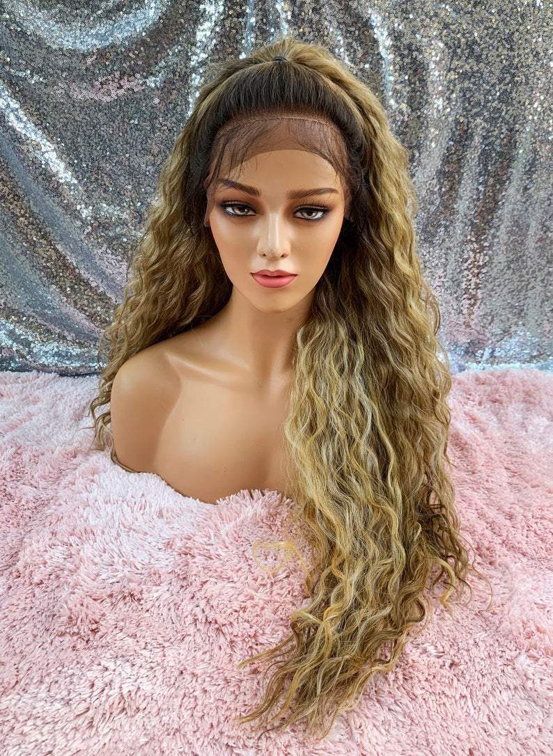 Top Knot Lace Front Wig Dirty Blonde Wavy Wig Long Curly Wig