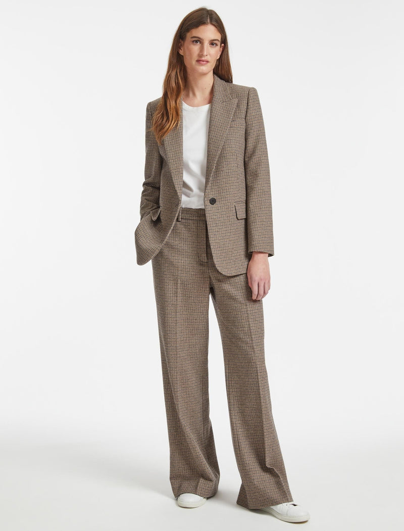 Terence Wide Leg Stretch Wool Blend Trouser - Brown Navy Cream Check