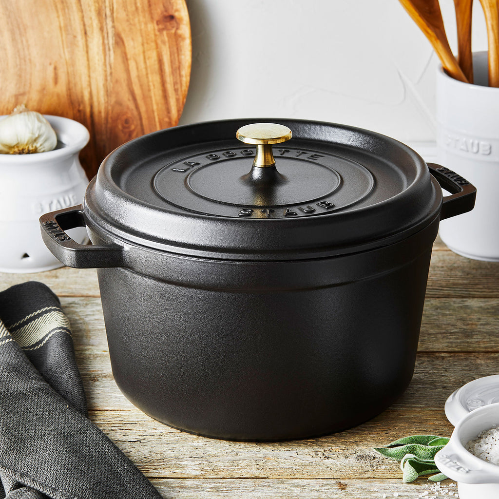 Staub Cast Iron Set 4-PC, Stackable Space-Saving Cookware Set, Dutch Oven  With Universal Lid, Made In France, Matte Black