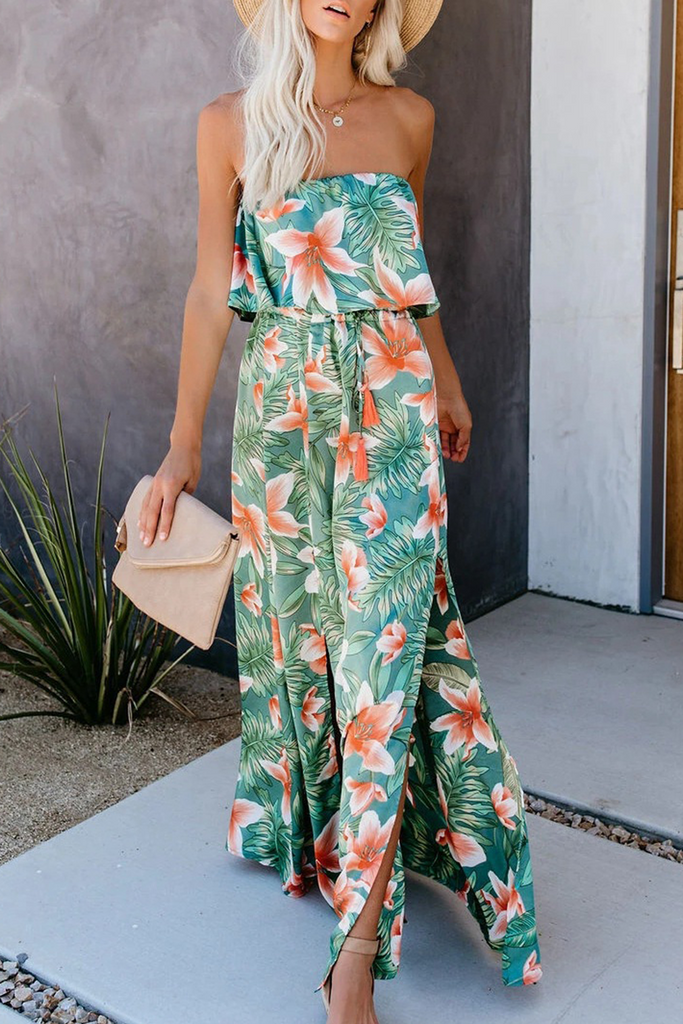 Fashion Elegant Floral Frenulum Slit Strapless A Line Dresses – myfancywear