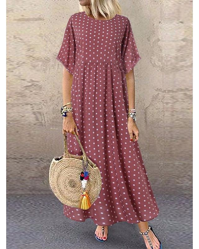Women's Loose Maxi long Dress - Half Sleeve Polka Dot Print Summer Hot ...