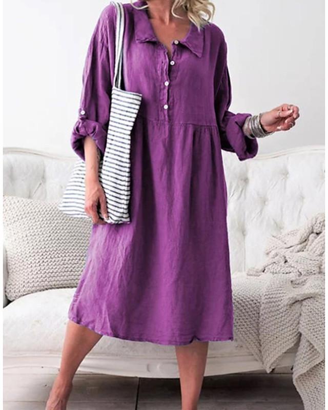 Women's Shirt Dress Midi Dress - Long Sleeve Solid Color Shirt Collar ...