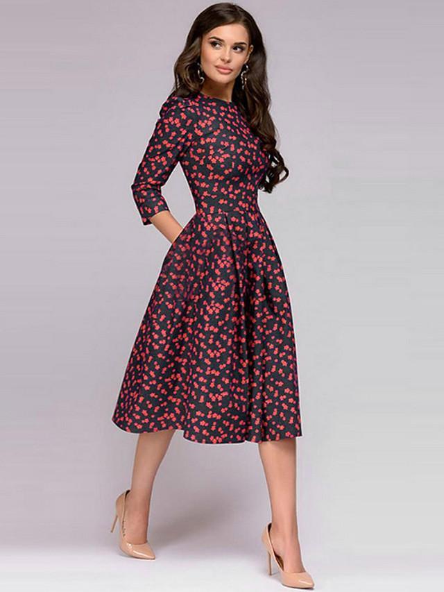 Women's A-Line Dress Midi Dress 3/4 Length Sleeve Floral Print Spring ...