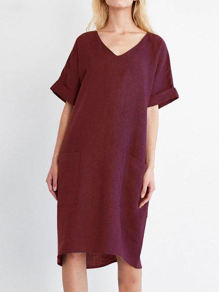 plus-size-v-neck-women-shift-daily-cotton-short-sleeve-solid-dress