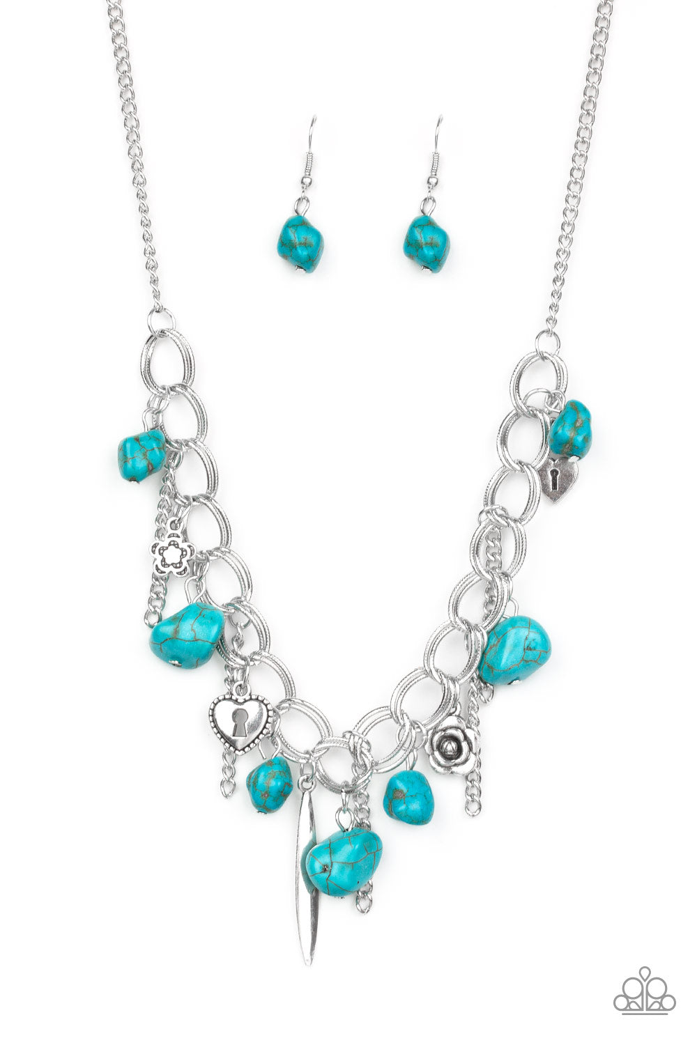 SOUTHERN SWEETHEART - BLUE TURQUOISE HEART FLOWER CHARM NECKLACE