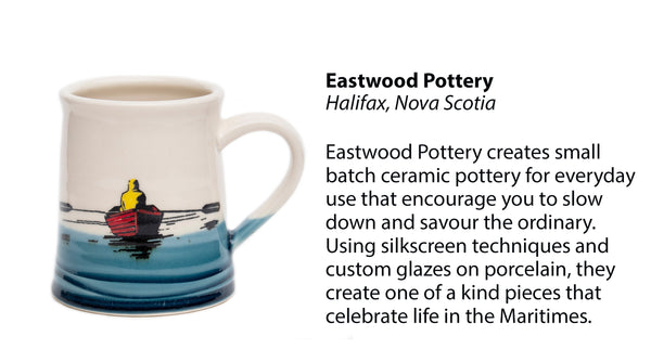 Eastwood Pottery artist feature with ceramic Dory Mug handmade in Nova Scotia, Canada.