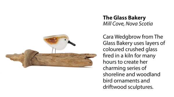 Glass Bakery artist feature with sandpiper driftwood sculpture handmade in Halifax, Nova Scotia, Canada.