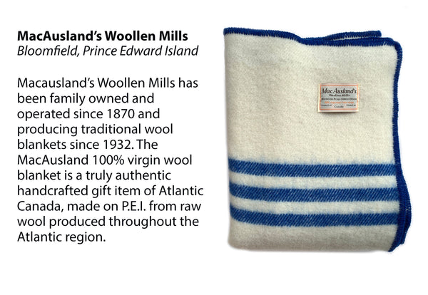 MacAusland Woollen Mills artist feature with blue and white wool blanket handmade in PEI, Canada.
