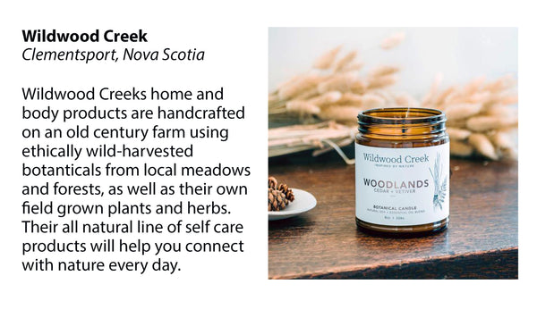 Wildwood Creek artist feature with handmade natural botanical candle from Nova Scotia, Canada.