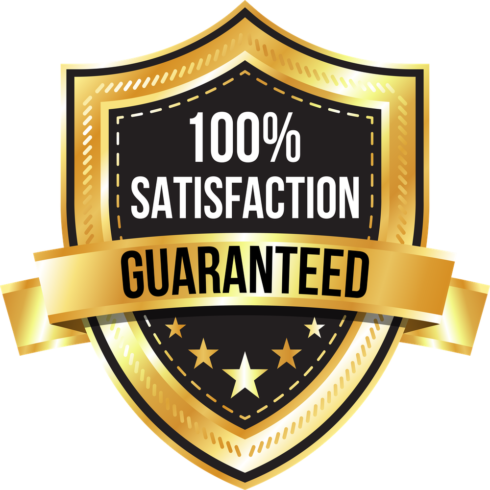 A gold 100 percent satisfaction guarantee is present floating over a field of green turf.